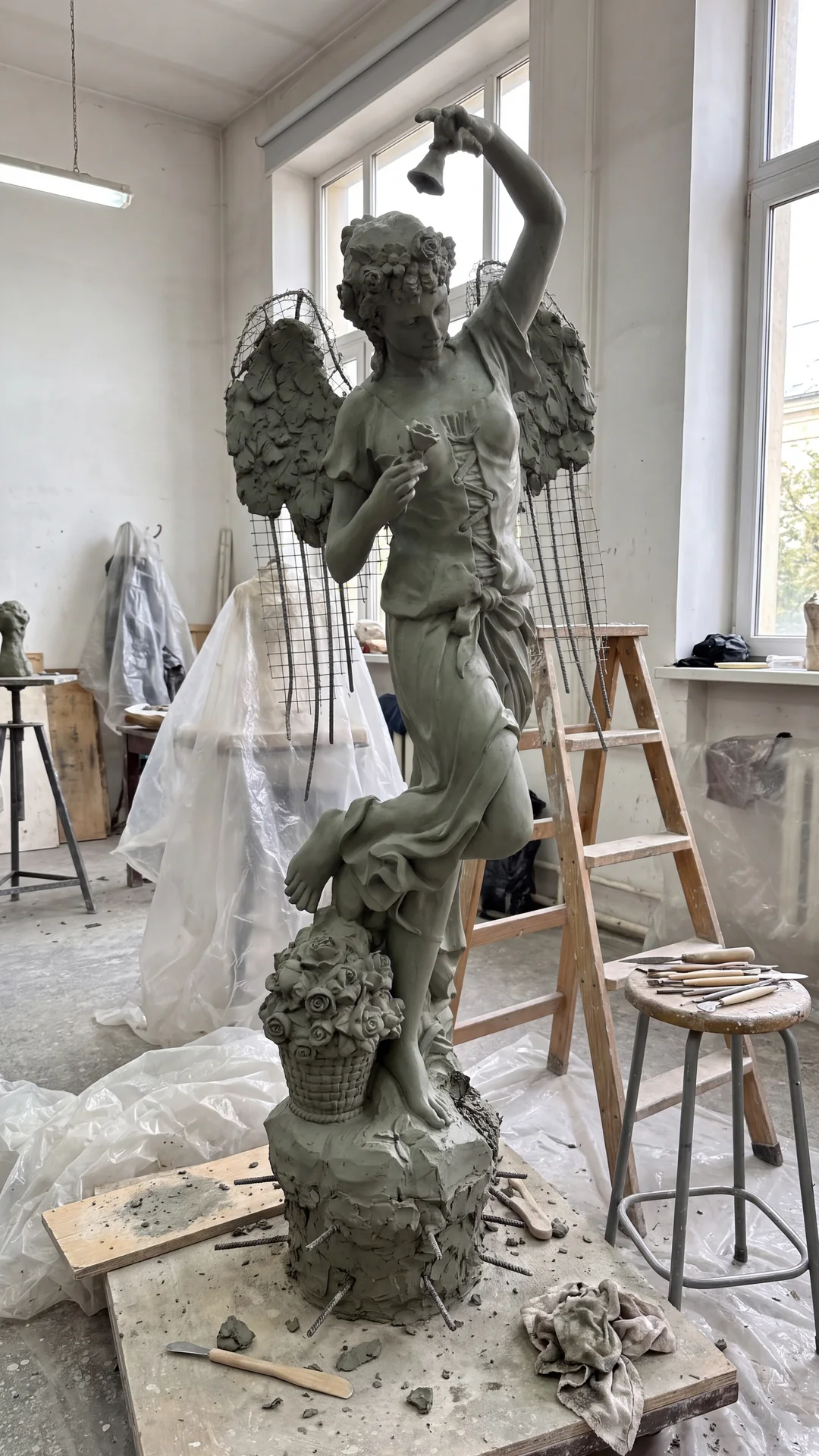 Скульптура ангела «Весна» с корзиной роз